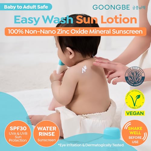 Image of GOONGBE Baby Easy Wash Sun Lotion SPF 30 - Korean Moisturizing Zinc Oxide Mineral Sunscreen for Babies and Kids - Washes Off Easily - Vegan, Reef-Safe, Allergen-Free, 2.11 fl.oz.