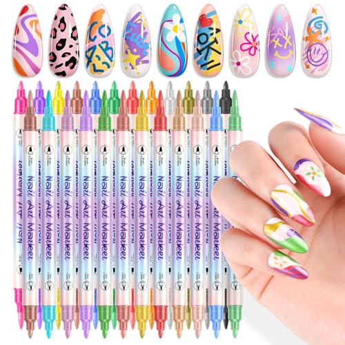 Image of 24 Colors Nail Art Pens Set: 0.5MM Fine Tip Nail Art Pens for Painting Nails Quick Dry Acrylic Paint Markers 3D Nail Polish Pens for Painting Drawing Dotting Liner Brush Manicure Tool Home DIY (Set 1)