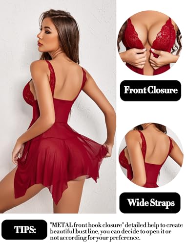 Avidlove Women Lace Lingerie Front Closure Babydoll V Neck Nightwear Sexy Chemise Nightie2