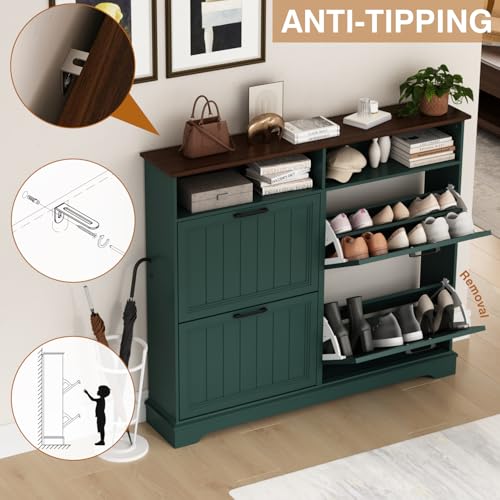 Image of Hidden Shoe Storage Cabinet with 4 Flip Drawers & Open Storage