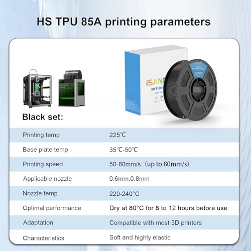 Image of iSANMATE TPU Filament 1.75mm 85A Black, 1kg /2.2lbs TPU Flexible 3D Printer Filament for FDM 3D Printers,Dimensional Accuracy + /- 0.03mm, 50-80mm /s
