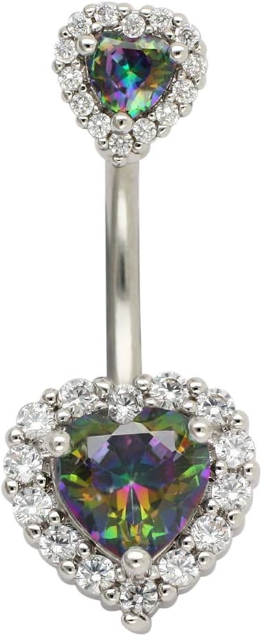 Excepro 14G(1.6mm) Double Heart Cubic Zirconia Navel Belly Button Ring 316L Stainless Steel Bar Piercing Jewelry