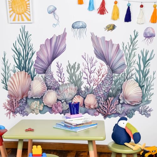 Vinilos decorativos mundo marino con sirena 2 paneles miniatura 1