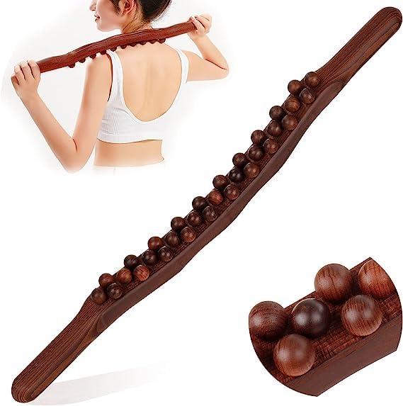 Snevad Gua Sha Massage Stick Wooden Trigger Point Massager Wood Therapy Tools Soft Manual Back Legs Neck with Beads Massaging Tool Roller Professional Body Relieve Muscle Soreness (31 Beds Black)