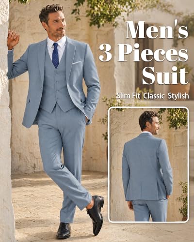 Image of MY'S Men's 3 Piece Suit Set with Tie, One Button Slim Fit Solid Jacket Vest Pants, Prom Party Wedding Business Suits for Men