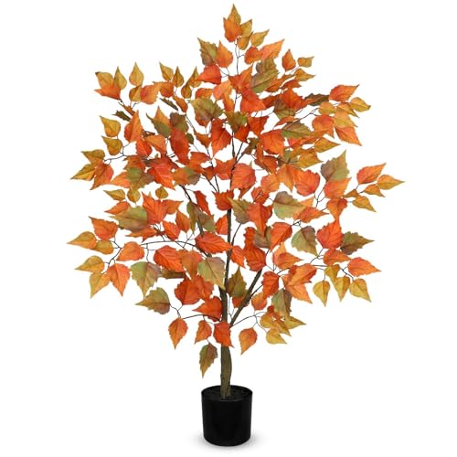 Artificial Fall Tree with Pot, 40.5' Tall Fake Birch Tree with Realistic Wood Trunk Silk Orange...