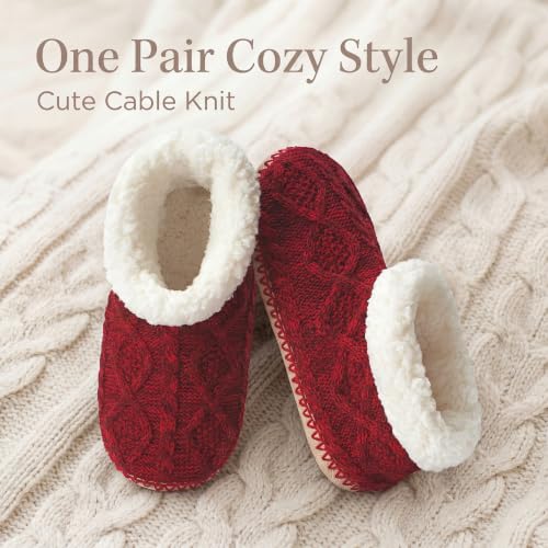 Image of cosyone1997 Cable Knit Slipper Socks for Women Non Slip Soft Sole | Fuzzy sherpa lining, gripper dots, flexible bootie coverage and machine washable care for warm, comfortable indoor wear