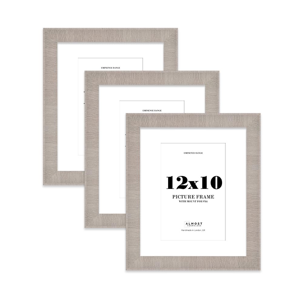 12x10" Grey Picture Frame with 9x6" Mount - Shabby Chic Photo Frame with Distressed Finish, Wall Hooks and Kickstand, 32mm Edge - 3 Pack