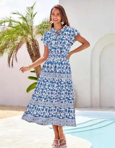 GRACE KARIN Women's Floral Boho Dress Hawaiian Dresse Short Sleeve V Neck Summer Beach Wedding Guest Swing Maxi Sundress2