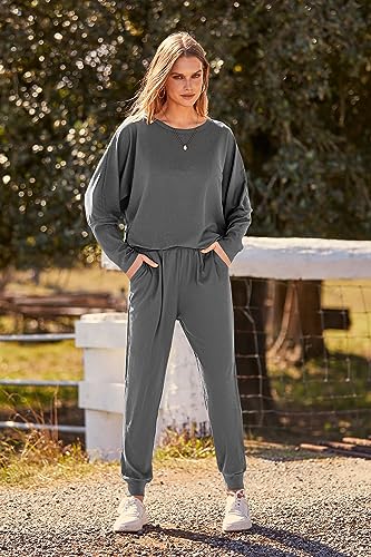 PRETTYGARDEN Women's Fall 2 Piece Lounge Set Long Sleeve Tops Ribbed Pants Spring Matching Sweatsuit Travel Outfits Clothes