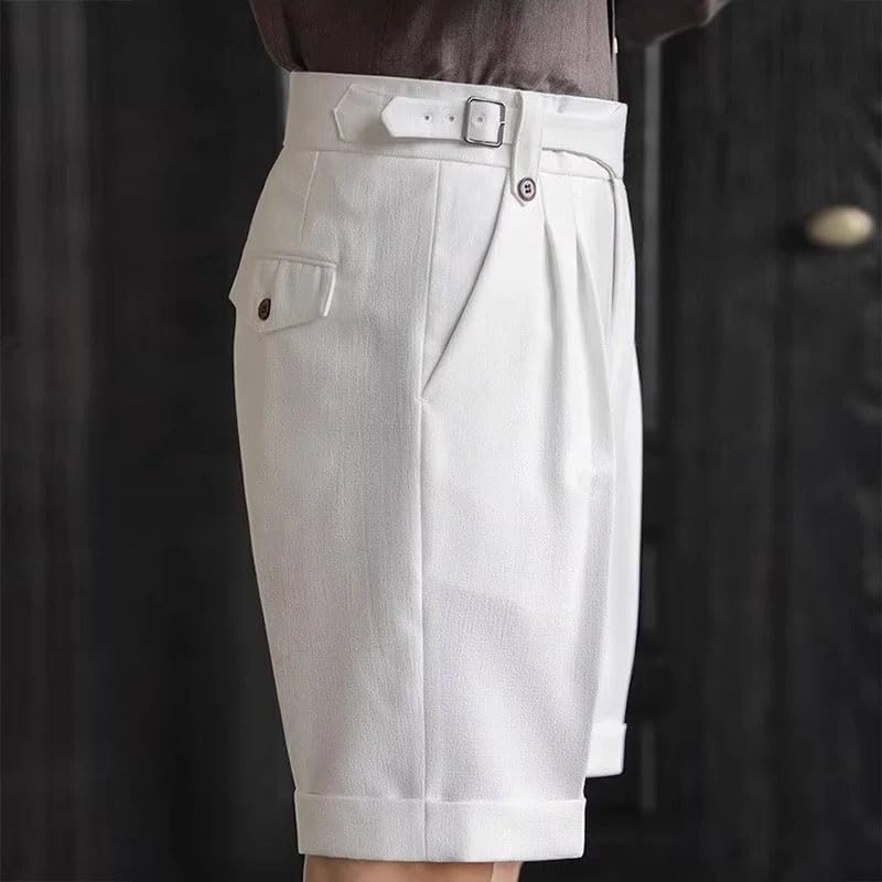 Mens Vintage High Waist Belt-Up Suit Shorts Summer Casual Solid Color Pleated Shorts