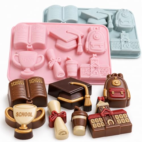 Graduation Silicone Molds 2 Pack Graduation Theme Silicone Chocolate Molds School Theme Mold for Graduation Chocolate Candy Food Grade BPA Free Non-Stick Mold for Graduation Party Favors,Teacher Gifts