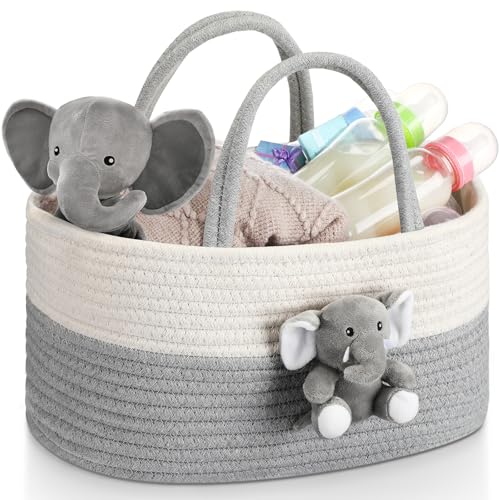 Image of FoldTier Elephant Diaper Caddy Organizer Elephant Cart Storage for Nursery with Handle Baby Shower Basket Gift Baby Bath Caddy for Diapers Wipes Basket for Nursery(X-Large)