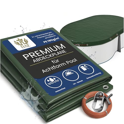 HAF Pool Winterabdeckung Achtform für 855 x 500 cm - Winterfeste Abdeckplane zur Poolabdeckung im Sommer und Winter - Poolplane (Abdeckfolie) aus wasserdichtem PE mit 180g/m²