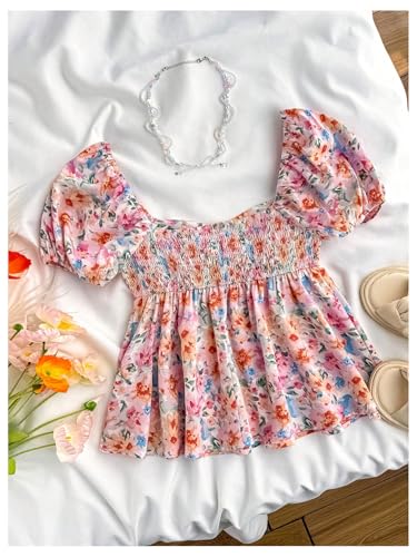 SweatyRocks Girl's Cute Floral Print Short Puff Sleeve Ruffled Blouse Square Neck Ruffle Peplum Tops2