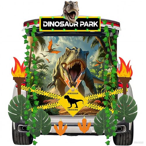 MZfowsen Halloween Dinosaur Trunk or Treat Car Decorations Kit for Car SUV with Dinosaur Roaring Voice Halloween Decor for Garage Door Entryway Archway