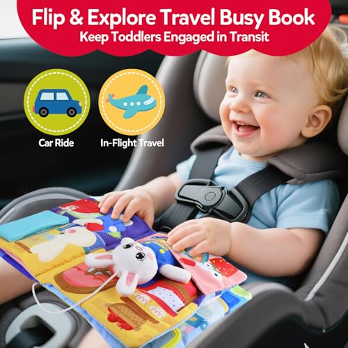 Image of Busy Book for Toddlers 1-3, Toddler Travel Toy and Montessori Quiet Book with Attached Bunny, 12 Fine Motor Activities Gifts for 1 Year Old Boys Girls Birthday Gift