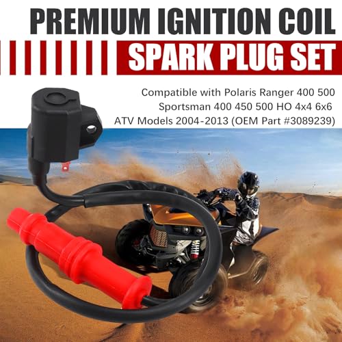 Image of Premium Ignition Coil & Spark Plug Set Compatible with Polaris Ranger 400 500 & Sportsman 400 450 500 HO 4x4 6x6 ATV Models 2004-2013 (OEM Part #3089239)