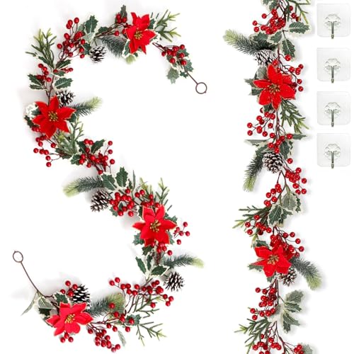 SOMYTING Lot de 2 guirlandes de Baies artificielles avec Feuilles Vertes - Guirlandes de Noël avec Baies Rouges - Guirlande de Sapin - Guirlande de Baies Rouges pour Mariage, cheminée