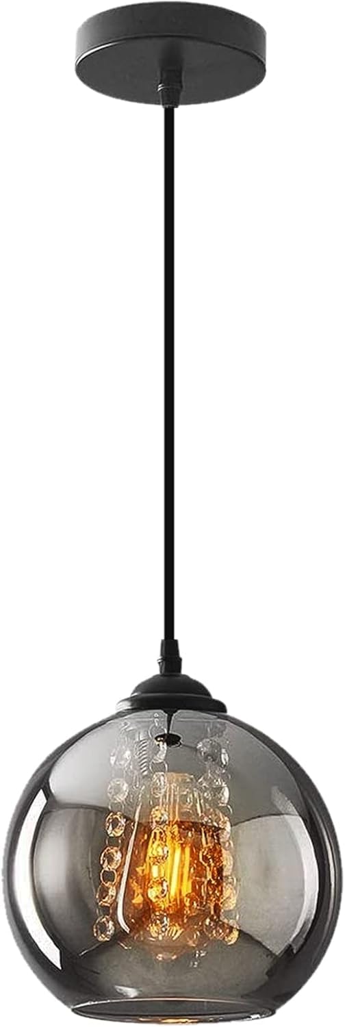 H.W.S Glas Pendelleuchte Kristall Pendellampe Modern Kugel Kronleuchter Design Kreative Hängeleuchte Höhenverstellbar Innen Dekoration Hängelampe Wohnzimmer Leuchte (Smoky gray, 1 flammend)