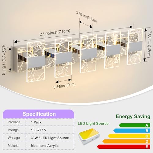 Image of Modern LED Bathroom Light Fixtures Dimmable 5-Light Chrome Vanity Light | 5CCT Adjustable Lighting, Smoked Acrylic LED Vanity Lights, Wall Sconces for Bathroom, Dimmable 6000K