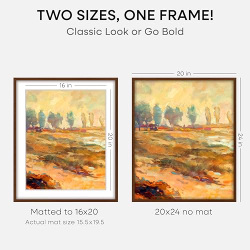 Image of Homeforia 20x24 Picture Frame Brown, High End Dark Oak 20x24 Walnut Wooden Poster Frames with Mat 16x20, 20 x 24 Wood Frame Matted to 16 by 20, 24x20 Hanging Frames, Tempered Glass, Wall Kit, Set of 1