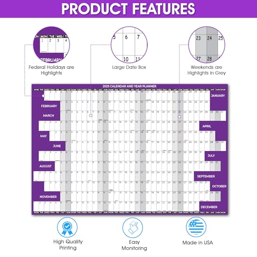 Calendário de parede 2025 grande, planejador de parede mensal anual de 12 meses, tamanho 61 x 91 cm