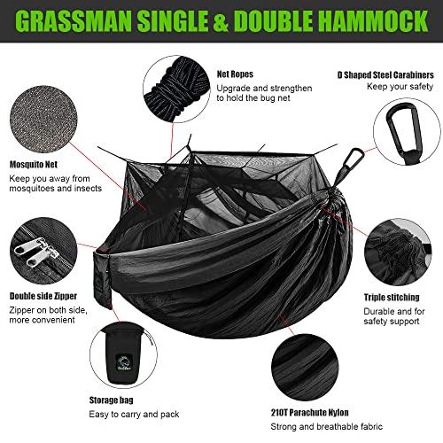 Grassman Camping Hammock Mosquito Net, Double Hammock With Net, Portable Hammock Tent For Travel Camping, Camping Accessories For Indoor, Outdoor, Hiking, Backpacking, Backyard, Beach Black #TOP2