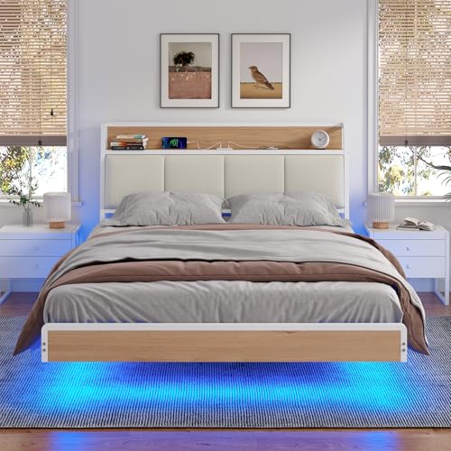 KIMENICH Bett 140 x 200, Bett mit LED-Beleuchtung, Polsterbett 140x200, Schwebender visueller Effekt, Ladestation, Bettgestell mit Lattenrost, für Schlafzimmer, Gästezimmer, Weiß
