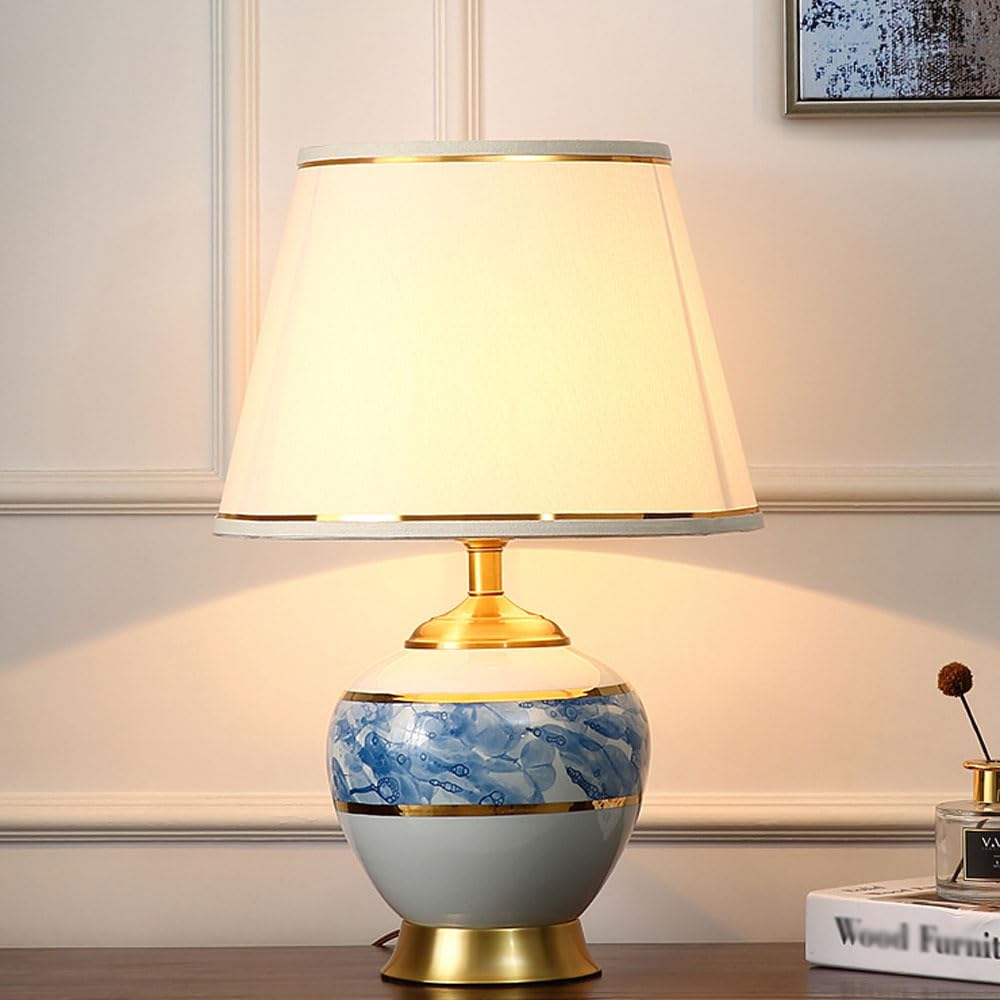 asdchZen Lake Blue Ceramic Table Lamp, Painted Glaze Bedside Lamp With Fabric Shade, Mid Century Modern Nightstand Lamp For Bedroom Living Room Reading Room-38 * 66Cm,36 * 56cm