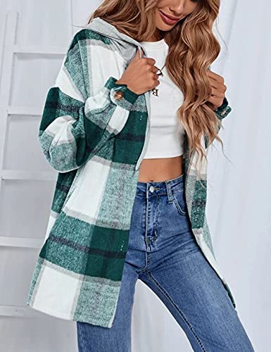 Zontroldy Womens Hooded Shacket Jacket Oversized Casual Flannel Plaid Wool Blend Button Down Shirt Coat Jackets3