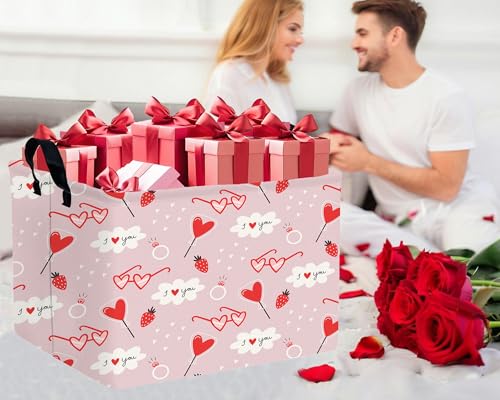 Image of Valentines Day Basket Large Foldable Heart Shaped Storage Box for Gifts Kids Empty Storage Bins Rectangular Toy Organizer Decor (Love Glasses Lollipop)