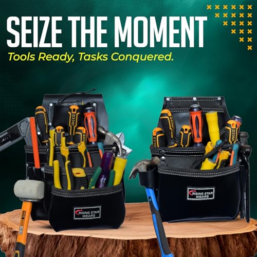 Image of Rising Star Wears Genuine Leather Tool Belt Pouch, 22-Pocket BlackTool Bag