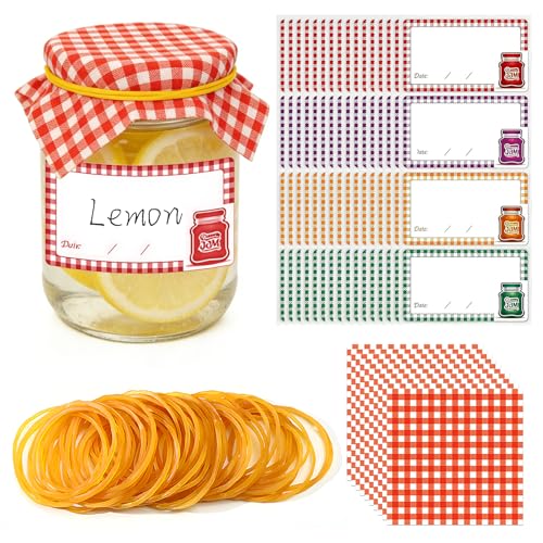 Cyleibe Jam Jar Cover Set with Adhesive Labers and Elastic Rubber 50Pcs Jam Pot Covers 64 Self-Adhesive Labers 50g Elastic Rubber Set for Canning Jars Homemade Preserves & Gift Wrapping Crafts DIY