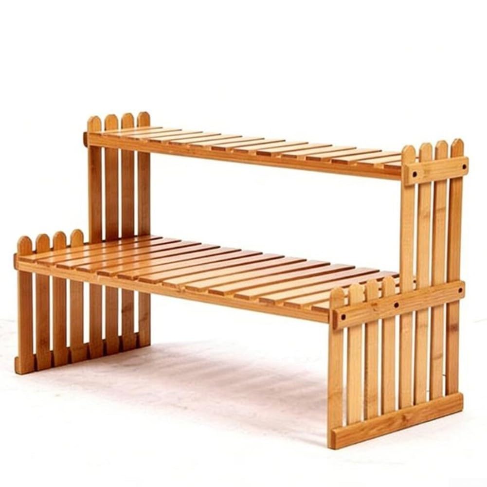 Estante de madera de 2 niveles para plantas para uso de escritorio como soporte para macetas y solución de almacenamiento para organización de espacios pequeños (57 cm)