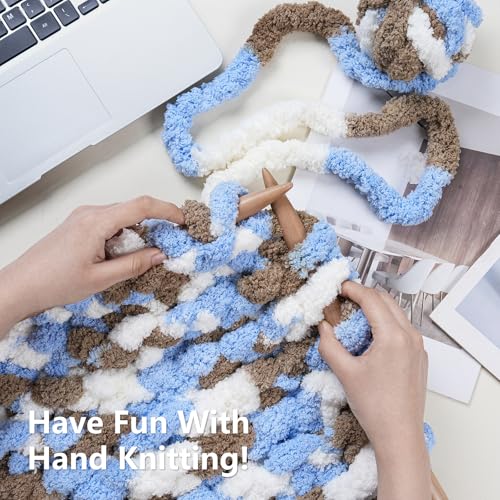 Image of Cozyful Chunky Yarn for Hand Knitting - #10 Chunky Chenille Blanket Yarn, Jumbo Big Thick Chunky Yarns for Crocheting, Tie Dye Bulky Knit Yarns, 8 Skein (20 yds 8 oz Each Skein), Khaki & Blue & White