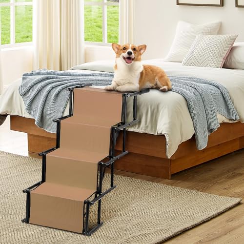 Belfoyer Faltbare Autorampe für Hunde, Treppe mit 4 Stufen für Haustiere, verwendbar für alle Fahrzeuge, belastbar bis 75 kg, wasserdicht, Polyester, Oxford-Metall (braun)