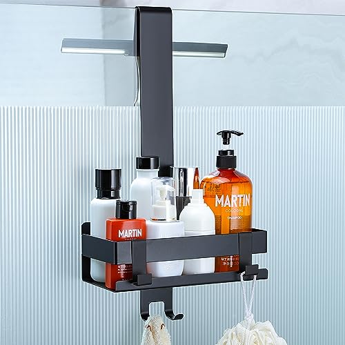 Cooeco Mensola Doccia da Appendere Nero in Acciaio Inox - Portaoggetti Doccia con Gancio per Porte in Vetro Spessore Fino a 12mm - Resistente alla Ruggine -Nero - Facile da Installare