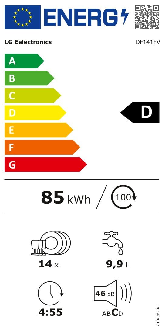 LG DF141FV Lavastoviglie Libera Installazione, Serie 1, Lavastoviglie 14 coperti, Classe D, Sistema QuadWash a 4 Bracci Irroratori, Programma Turbo, EasyRack Plus, Smart Diagnosis, Grigia