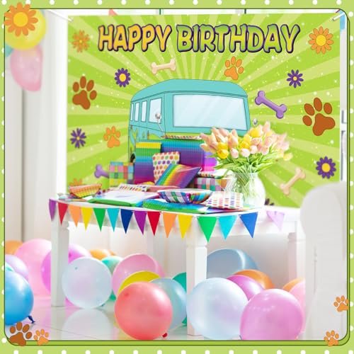 Image of MotiMind Mysterious Dog Party Supplies Cartoon Car Happy Birthday Backdrop Groovy Daisy Banner Hippie Paw Print Photo Background Poster for Retro Birthday Party Decorations, 71 x 45