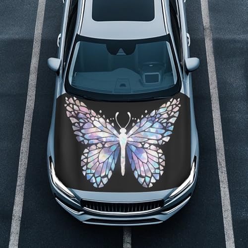 Image of Stained Glass Butterfly Car Hood Covers for Automobiles, Abstract Butterfly Pattern 3X5FT Stretchable Polyester Suitable for Most Vehicles Sedans Trucks