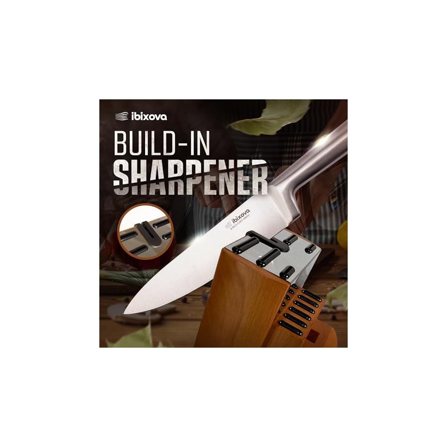 IBIXOVA Professional Kitchen Knife Set, Premium Japanese Stainless Steel 15-PC knives & Built-in Sharpening Block - Easy Sharpener for Cutting Steak - Knife Chef's roll Bag.