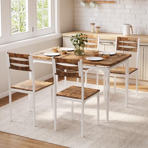 Image of Garvee 5 Piecs Dining Table Set, Farmhouse Style Dining Table and Chairs Set for 4, Dining Set for Dining Room Kitchen Apartment, White & Brwon