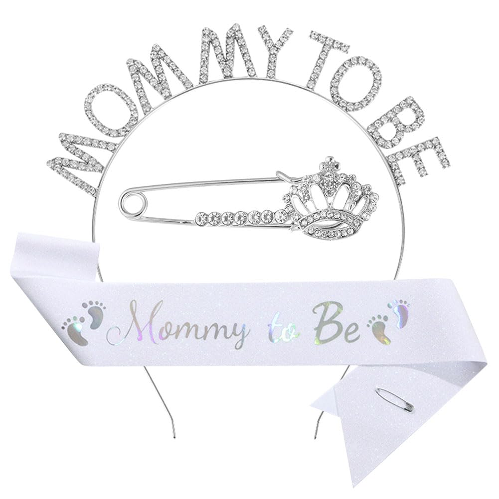 Baby Shower Sash Tiara Brooch Set, Mom to be Baby Shower Decorations Mommy to Be Sash Rhinestone Crown Headband Party Decoration for Baby Gender