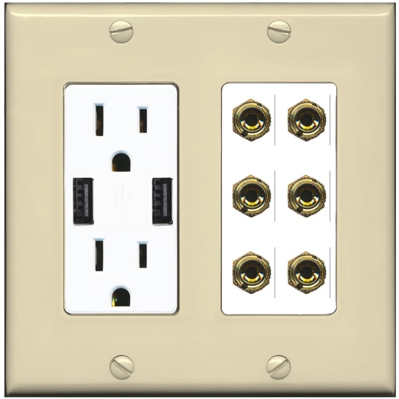 RiteAV 6 Banana 3 Speaker Surround Female Coupler Binding Post Wall Plate - USB Outlet [Ivory/White]