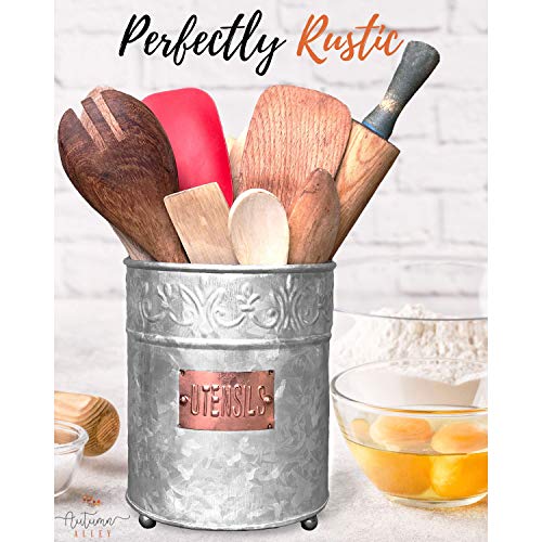 Autumn Alley Farmhouse Galvanized Kitchen Utensil Holder | Handmade Utensil Crock | Embossing and Copper Label add Farmhouse Decor Charm | Rustic Decor for Kitchen - Thumbnail 7