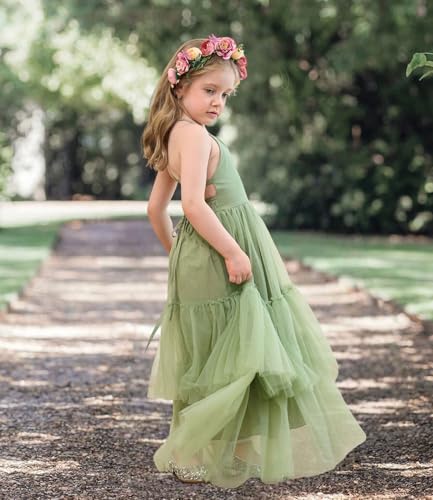 Boho Flower Girl Dress Tulle Strap Backless Layered Girls Beach Wedding Party Maxi Gown4