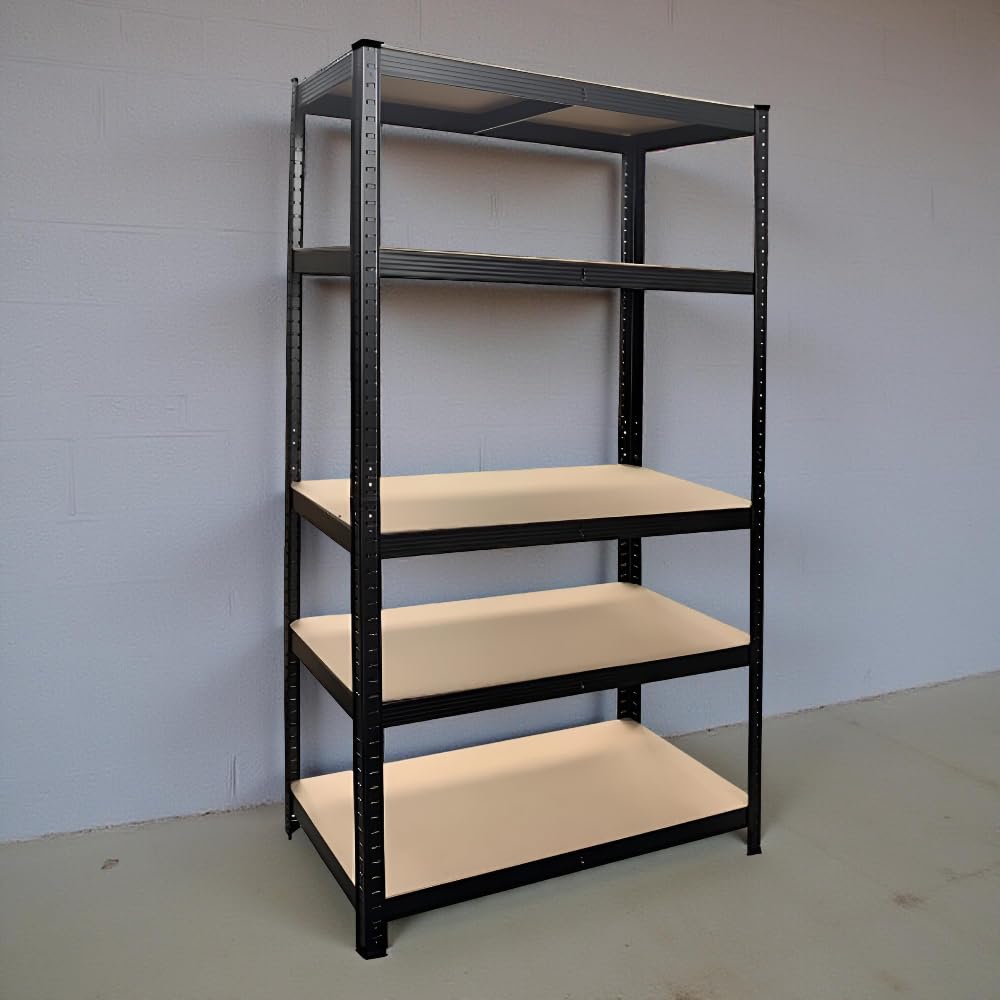 Scaffale in Metallo Nero - 5 Ripiani, Legno MDF, Altezza Regolabile, Salvaspazio, Ufficio, Garage, Magazzino, Negozio, ad Incastro, Orizzonale/Verticale, 90 x 40 x 180h cm - Portante 875 kg