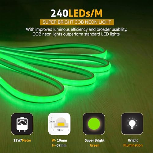 Image of Forus 20M LED Neon Strip Light Green, 240 LEDs /M High Brightness COB Neon Rope Light, Waterproof IP65 Flexible Silicone Strip, Cuttable LED Light for Home, Bedroom, Wall Decor, Shop, Festival Lighting