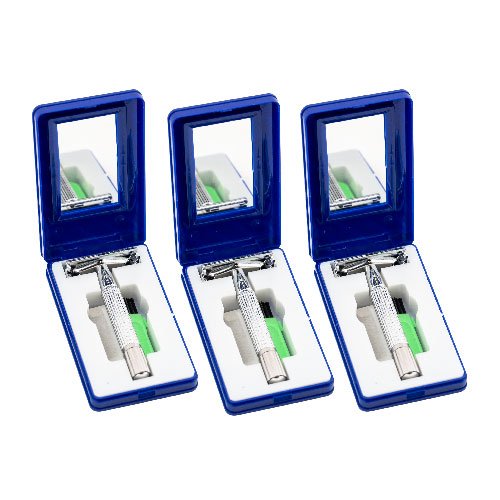 (3) Morris Flamingo Classic Double Edge Stainless Steel Butterfly Style Safety Razor with 2 Blades & Travel Case w/Mirror